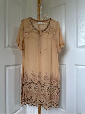 Riva 100% Silk Embroidered Short-Sleeve Midi Dress – Beige/Tan